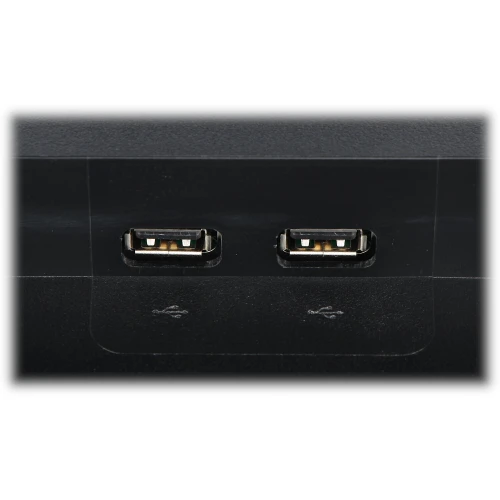 Close-up image of two USB ports on a black electronic device. The ports are aligned horizontally, each with a USB symbol beneath them.