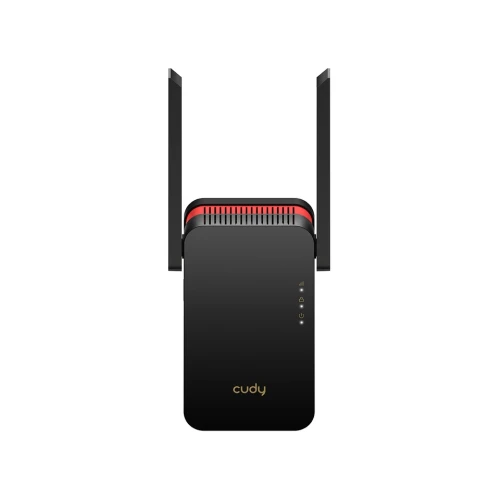 The image shows a sleek black Cudy RE3000 Wi-Fi range extender with two adjustable antennas and a compact design. It features LED indicators on the front for easy status monitoring.