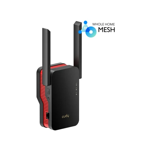 The image shows a Cudy RE3000 Wi-Fi range extender with a sleek black and red design, featuring two adjustable antennas for enhanced signal coverage. The device is labeled with "Whole Home Mesh," indicating its capability to integrate into a mesh network for improved connectivity.