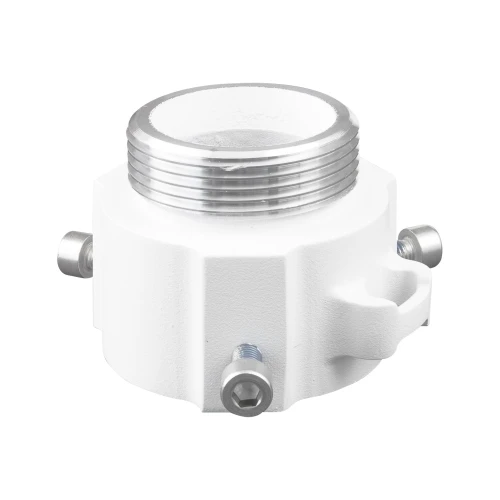 The image shows a white, cylindrical adapter designed for PTZ cameras, featuring a sturdy metal construction with multiple screw holes for secure mounting. The adapter has a sleek finish and a threaded top for easy attachment to compatible devices.