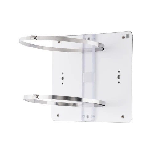 The image shows a sturdy pole adapter designed for mounting enclosures, featuring a white rectangular base with two adjustable metal straps. The adapter is equipped with multiple screw holes for secure installation.