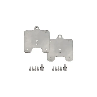 Two metal adapter plates for a tripod are shown, each with multiple holes for versatile mounting options. The set includes screws and bolts for secure attachment.