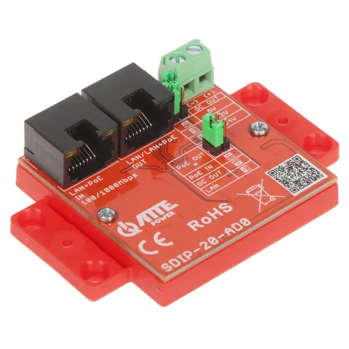 The image shows a red PoE power adapter with two Ethernet ports and multiple connection terminals. The adapter is designed for efficient power and data transmission, featuring clear labeling and a compact design.