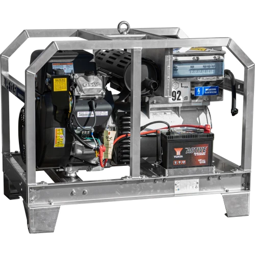 A robust, industrial-grade generator encased in a sturdy metal frame, featuring a prominent engine and a Yuasa battery. The design includes multiple warning labels and a visible decibel rating, indicating its powerful performance capabilities.