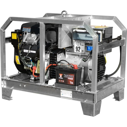 A robust, industrial-grade generator encased in a sturdy metal frame, featuring a prominent battery and various control components. Designed for heavy-duty power generation, it ensures reliable performance in demanding environments.