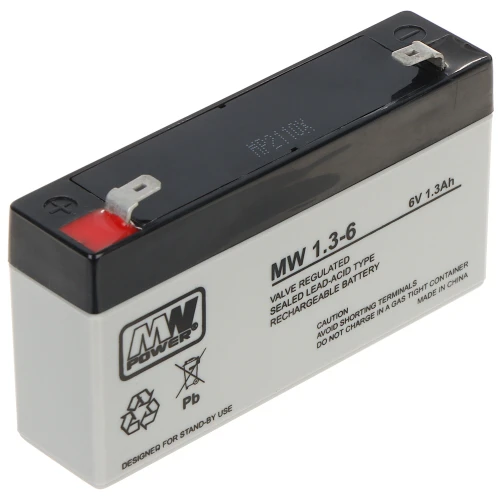 The image shows a rectangular, valve-regulated, sealed lead-acid rechargeable battery with a black top and white body. It features clear labeling, including the brand "MW Power" and specifications of 6V and 1.3Ah.