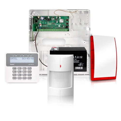 The image shows a wireless alarm system set, including a control panel with a digital display, a motion detector, a siren, and a backup battery. The components are designed for home security, featuring a sleek white and red design.