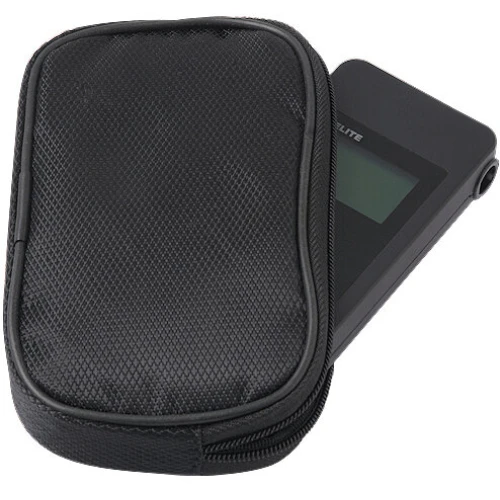 A sleek black breathalyzer device partially slides out of a textured black carrying case. The compact design features a clear digital display, ideal for portable use.