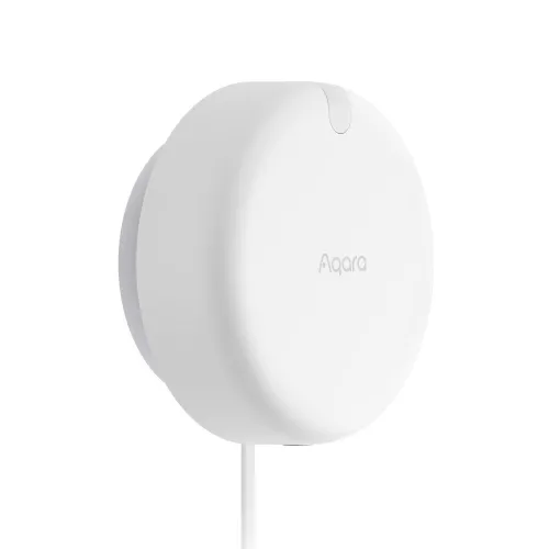 A sleek, white Aqara smart home device with a minimalist design, featuring a circular shape and a subtle logo on the front. The device is mounted on a wall and connected by a cable, suitable for enhancing home automation systems.