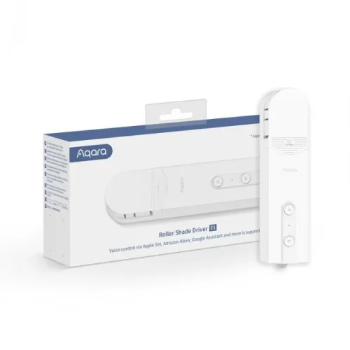 The image shows an Aqara Roller Shade Driver E1, a sleek white device designed for smart home automation of window shades. The product is displayed alongside its packaging, highlighting compatibility with voice control systems like Apple Siri, Amazon Alexa, and Google Assistant.