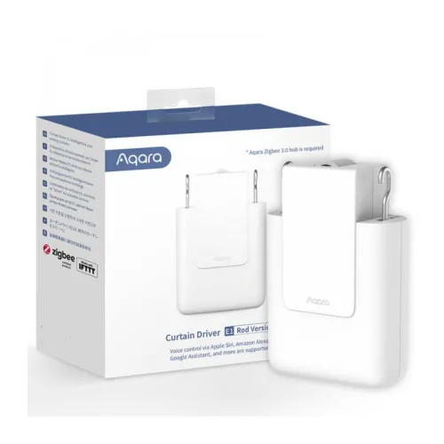 The image shows the Aqara Curtain Driver E1, a sleek white device designed for automating curtain movement. It is packaged in a box that highlights its compatibility with Apple Siri, Amazon Alexa, and Google Assistant.