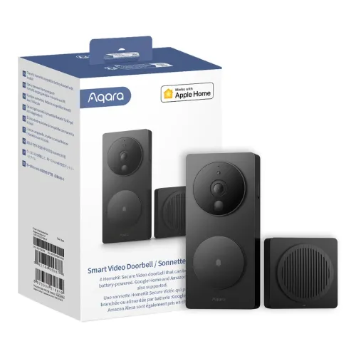 The image shows an Aqara Smart Video Doorbell with a sleek black design, featuring a camera and speaker system. The packaging highlights compatibility with Apple Home, emphasizing its smart home integration capabilities.