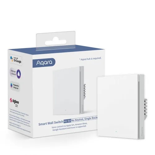 The image shows an Aqara Smart Wall Switch H1 EU, featuring a sleek, minimalist design with a single rocker. The product is packaged in a box highlighting compatibility with Apple Siri, Amazon Alexa, and Google Assistant, and requires a hub for operation.