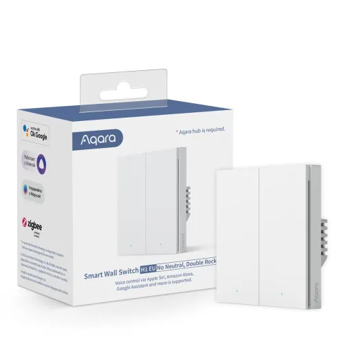 The image shows an Aqara Smart Wall Switch with a sleek, minimalist design featuring two rockers. The packaging highlights compatibility with Apple Siri, Amazon Alexa, and Google Assistant, emphasizing its smart home integration capabilities.