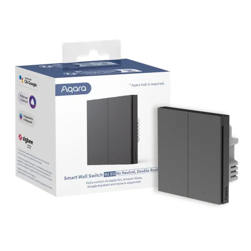 Aqara Smart Wall Switch H1 EU features a sleek, modern design with a double rocker configuration, compatible with major smart home systems. The packaging highlights its voice control capabilities and requirement for an Aqara hub.