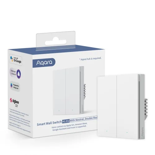The image shows an Aqara Smart Wall Switch H1 EU with a sleek, modern design featuring a double rocker. The packaging highlights compatibility with Apple Siri, Amazon Alexa, and Google Assistant, emphasizing its smart home integration capabilities.