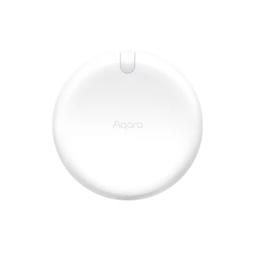 A sleek, round white smart home device with a minimalist design and the Aqara logo centered on the front. The device features a small, discreet button at the top, blending seamlessly into its smooth surface.