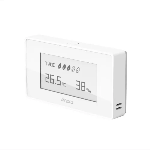 A sleek, rectangular digital air quality monitor with a white frame displays temperature and humidity readings on its screen. The device features a minimalist design with the brand name "Aqara" at the bottom.