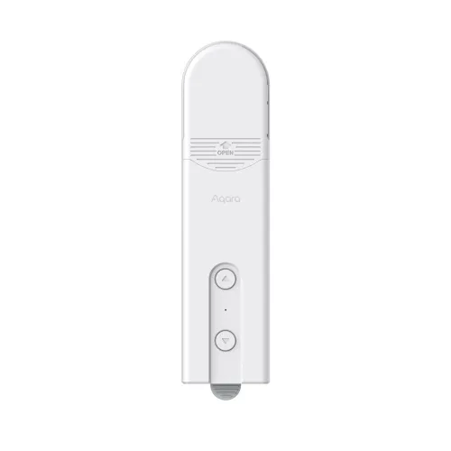 Smart curtain motor in a sleek, white design with a minimalist interface featuring two buttons for easy control. The device is compact and modern, suitable for automated home environments.