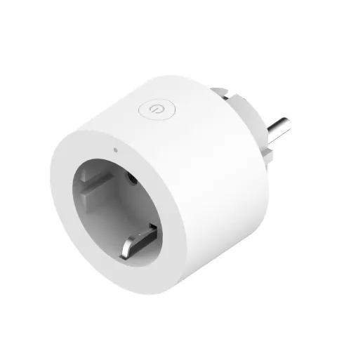 A white smart plug with a compact, cylindrical design features a power button on the side. It is designed for European sockets and offers smart home connectivity.