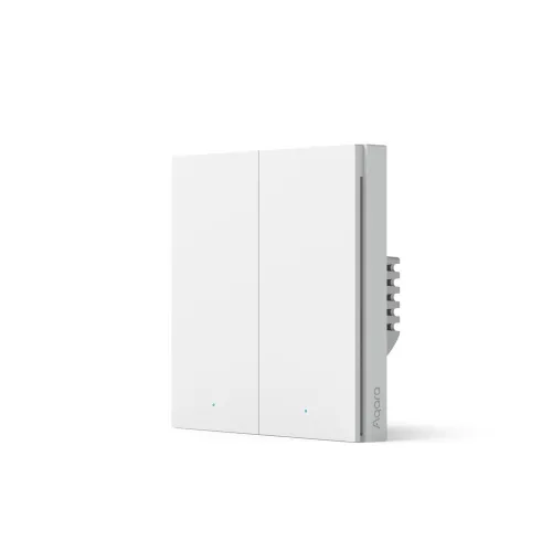 A sleek, white smart wall switch with a minimalist design and dual buttons, featuring subtle LED indicators. The switch is designed for seamless integration into modern smart home systems.