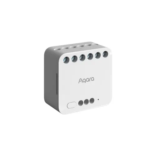 A compact, white Aqara smart home device featuring multiple connection ports on the top and a sleek, minimalist design. The device is designed for seamless integration into smart home systems, enhancing automation and control.