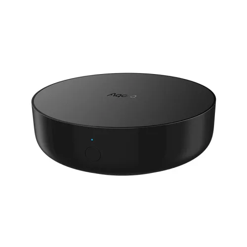 A sleek, black smart home hub with a minimalist design and a small LED indicator on the front. The device features a smooth, rounded top with the brand logo subtly displayed.
