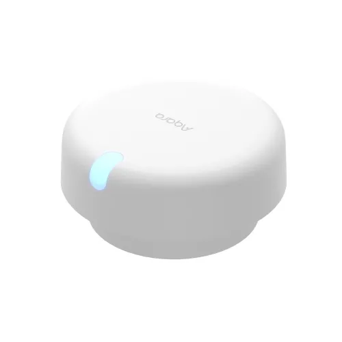 A sleek, white smart home device with a subtle blue indicator light on its side. The compact design features the Aqara logo on top, suitable for modern home automation systems.
