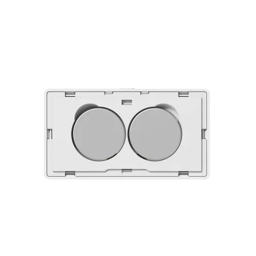A sleek, rectangular smart home wall switch with two round, silver dials set against a white background. The minimalist design is modern and functional, suitable for contemporary home automation systems.