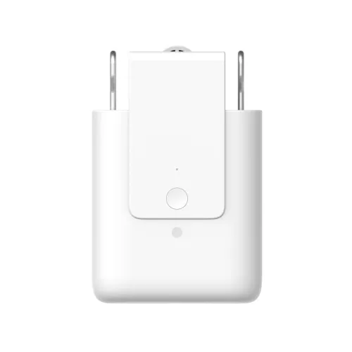 A sleek, white smart home device with a compact design, featuring a single button and LED indicator on the front. The device is equipped with a plug-in mechanism for easy installation.