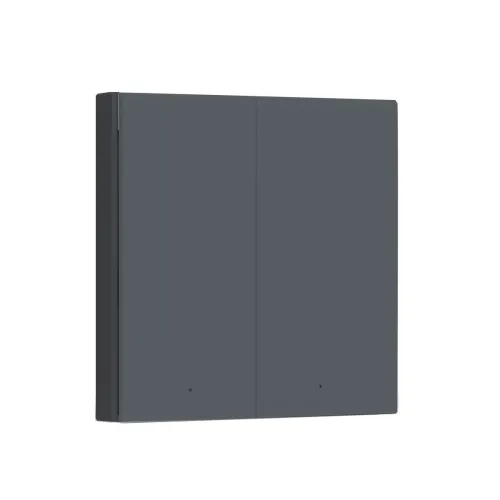 A sleek, dark gray smart wall switch with a minimalist design featuring two touch-sensitive panels. The switch is designed for seamless integration into modern home automation systems.