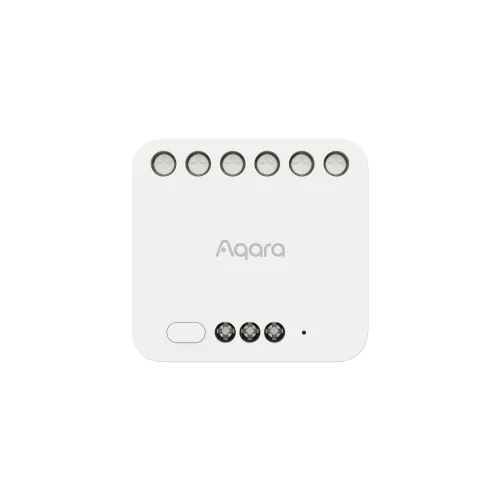 A white, compact Aqara smart home device with multiple connection ports and a sleek design. The device features a small button and indicator lights on its surface for easy operation and status monitoring.