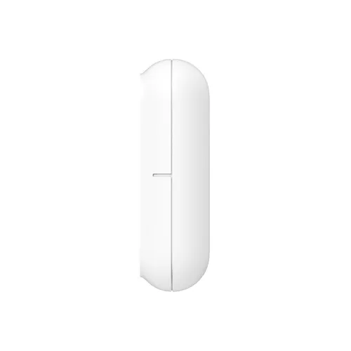 A sleek, white smart door and window sensor with a minimalist design. The compact device is shown from a side view, highlighting its slim profile.
