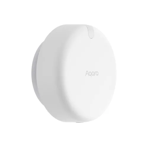 A sleek, round white smart home device with the Aqara logo prominently displayed on its smooth surface. The minimalist design features a subtle indentation on the top, suggesting a functional or interactive element.