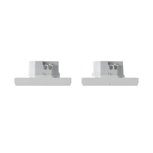 Two white, rectangular smart wall switches with a minimalist design are shown side by side. Each switch features a compact, modern build suitable for seamless integration into home automation systems.