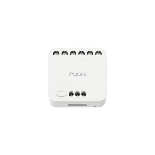 A compact, white Aqara smart home device featuring multiple connection ports on the top edge. The device has a sleek design with a small button and indicator light on the front.