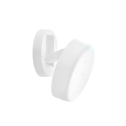 A sleek, white motion sensor with a minimalist design, featuring a small LED indicator on the front. The sensor is mounted on a simple, adjustable bracket for easy installation.