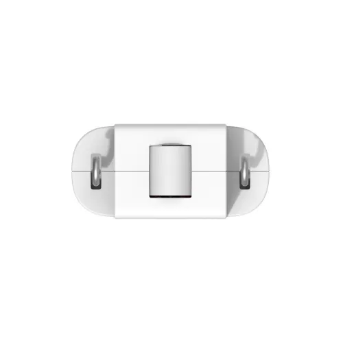 A white, compact smart roller shade controller with a central rotating mechanism and two side hooks for easy installation. The sleek design is ideal for modern home automation systems.
