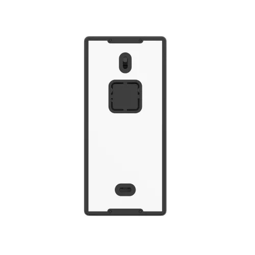 The image shows a sleek, rectangular smart light switch with a minimalist design and a white front panel. It features a central button and a small indicator light, framed by a thin black border.