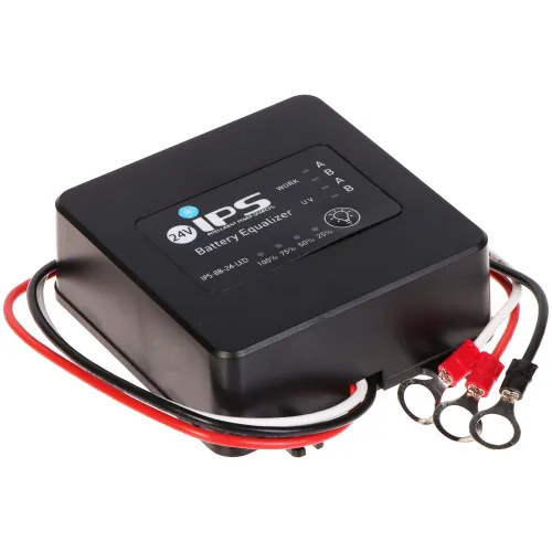 A black battery equalizer with a compact design features labeled connections and indicator lights on its surface. It includes red and black cables with ring terminals for easy installation.