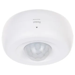 A white, round wireless PIR motion sensor with a prominent dome-shaped lens is designed for smart home security. The device features a reset button on its smooth surface, indicating easy setup and integration with Wi-Fi and Tuya Smart systems.