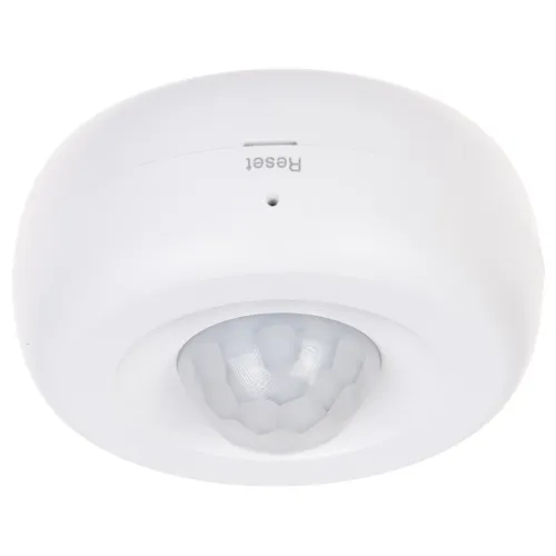 A white, round wireless PIR motion sensor with a prominent dome-shaped lens is designed for smart home security. The device features a reset button on its smooth surface, indicating easy setup and integration with Wi-Fi and Tuya Smart systems.