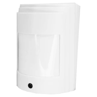 A sleek, white wireless motion detector with a curved design and a small black sensor at the bottom. The device is designed for discreet installation in home security systems.
