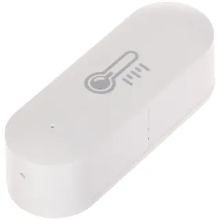 A sleek, white wireless temperature sensor with a thermometer icon on its surface, designed for smart home integration. The compact device features a reset button and connects via Wi-Fi for seamless monitoring.
