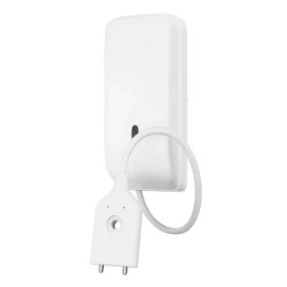 A sleek, white wireless water leak detector with a compact design and a connected sensor probe. The device is designed for easy installation and reliable performance in monitoring potential water leaks.