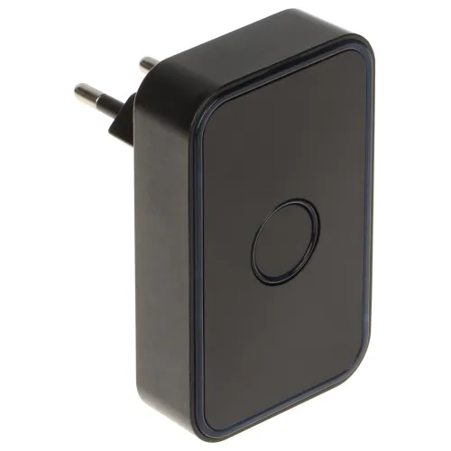A sleek, black wireless door chime with a minimalist design and a central button is shown. The device is equipped with a plug for easy installation into a standard wall outlet.