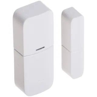 A wireless magnetic contact sensor in a sleek white design, featuring two separate components for installation on doors or windows. The compact and modern appearance ensures it blends seamlessly with various home or office interiors.
