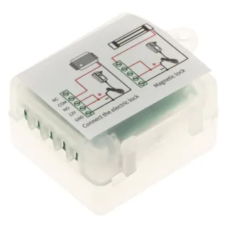 A compact wireless relay module encased in a translucent plastic housing, featuring connection diagrams on the top for easy installation. Designed for controlling electric and magnetic locks, it offers versatile integration into security systems.