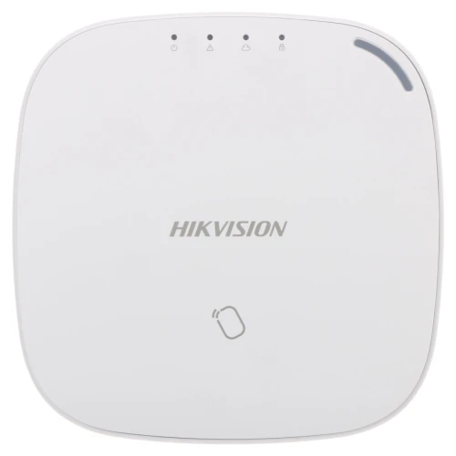 A sleek, white wireless control panel with a minimalist design featuring four indicator lights and a touch-sensitive area. The panel is branded with the Hikvision logo, offering a modern solution for smart home or security systems.