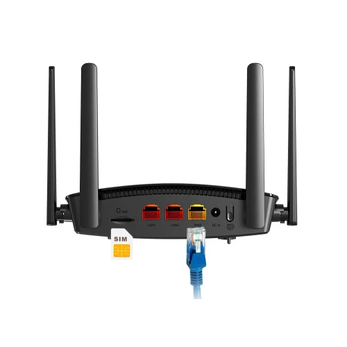 The image shows a black wireless 4G LTE router with two antennas and multiple ports, including LAN, WAN, and a SIM card slot. An Ethernet cable is connected to one of the LAN ports, highlighting its connectivity options.